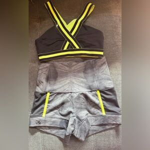 Black Sports Bra and Gray High-Waist Shorts Set with Neon Yellow Trim